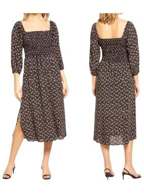 Wayf Dress Nevae Womens Small Black Pink Floral Print Square Neck‎ Smocked  Midi